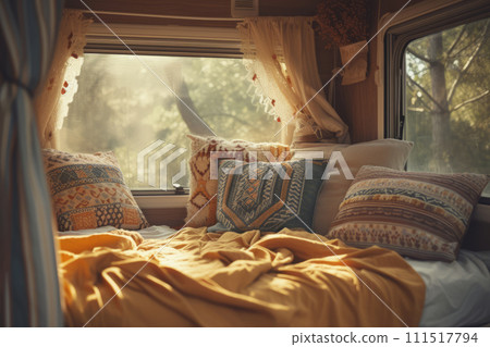 Inside the camper van. Pillows and boho style decoration of the house on wheels. Generative AI Inside the camper van. Pillows and boho style decoration of the house on wheels. Generative AI 111517794