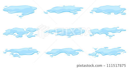 Water spill puddles set. Blue liquid various shape in flat cartoon style. Clean fluid drop design elements isolted on white background 111517875