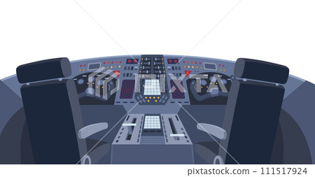 Airplane cockpit. Back view of cabin flying airplane. Inside cockpit during flight. Vector cartoon illustration 111517924