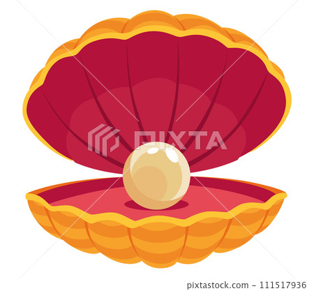 Pearl in seashell. Open seashels scallop and pearl shell icon. Beautiful pearl in clam shell in cartoon flat style. Vector illustration isolated on white background 111517936