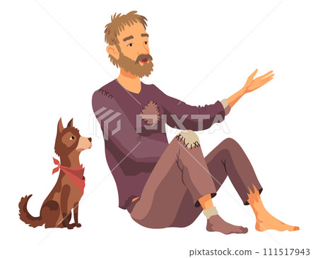 Homeless man with dog. Cartoon flat character illustration 111517943
