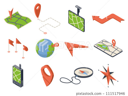 Gps navigation icon set isometric. Automotive navigation system symbols, automobile controls elements. Vector illustration 3D gps sign on white background 111517946