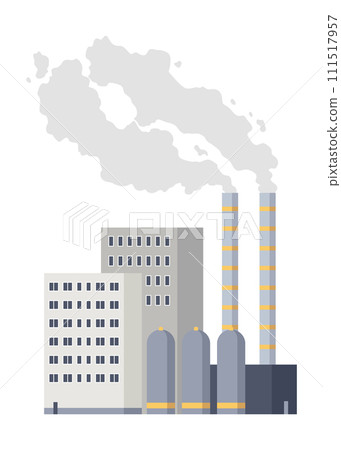 Factory industrial. Manufactory industrial building refinery factory or nuclear power station. Complex of chemical plant buildings isolated on white background 111517957