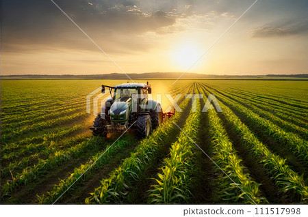 Tractor spray fertilizer on green field drone high angle view, agriculture background concept. AI-generated item Tractor spray fertilizer on green field drone high angle view, agriculture background concept. AI-generated item 111517998