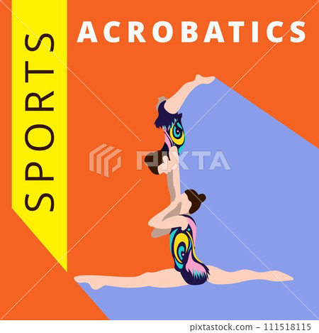 Vector illustration in minimalist flat style. Man and woman artistic gymnastics, sports acrobatic . Training or competing in some championship. A poster of pair in colorful costumes in pyramid 111518115