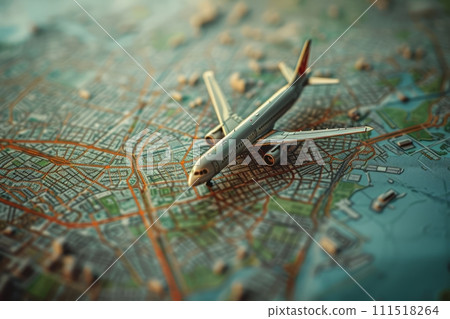 Top view of a model of an airplane standing on a map, cargo transportation concept 111518264
