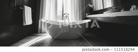 Black and white bathroom photo, beautiful modern bathtub, banner 111518294