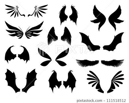 Cartoon wings of fairy creatures, fantasy characters and animals. Set of different wings pairs dragon, monster, butterfly, bird. Fantasy characters, cartoon vector illustration 111518512