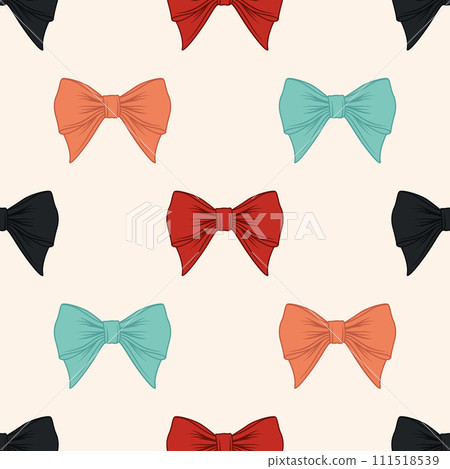 Vector Seamless Pattern with Cartoon Bow Tie or Gift Bow with Outline on White Background. Bow Design Template 111518539