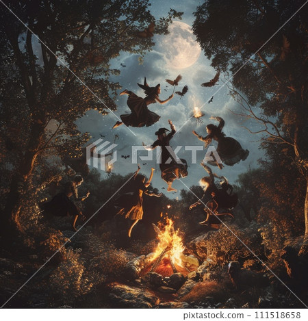 AI-generated content. Group of People Jumping Around a Campfire. Generative AI. 111518658