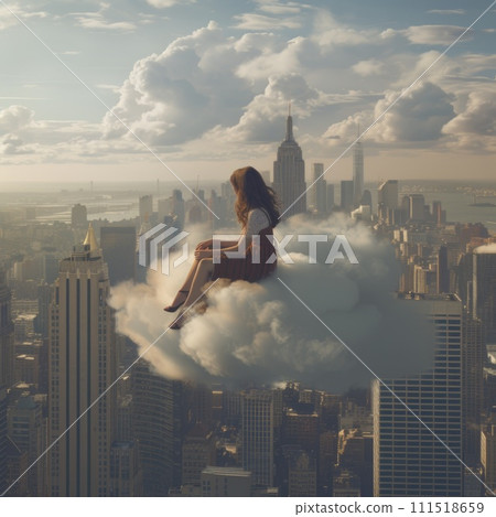 AI-generated content. Woman Sitting on Cloud in City. Generative AI. 111518659