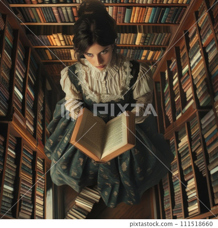 AI-generated content. Woman in Dress Reading Book in Library. Generative AI. 111518660