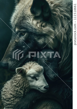 AI-generated content. Wolf Embracing Sheep in the Darkness. Generative AI. AI-generated content. Wolf Embracing Sheep in the Darkness. Generative AI. 111518661