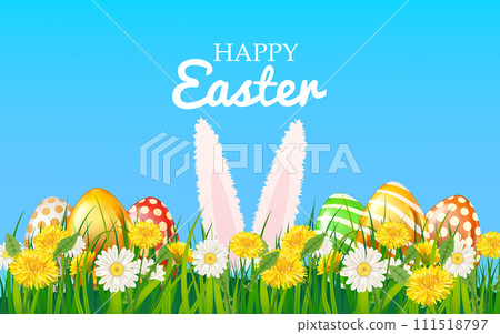 Happy easter eggs colored, bunny ears, green grass daisy and dandelion 111518797