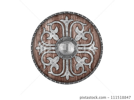 Old decorated wooden round shield isolated on white background 111518847