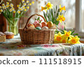 AI-generated content. Easter composition. Easter eggs, cake and flowers on the table. AI-generated content. Easter composition. Easter eggs, cake and flowers on the table. 111518915