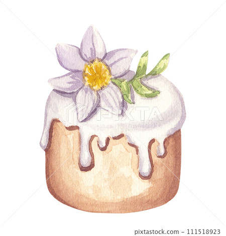 Happy Easter 2024 clipart. Easter cake bread Kulich with white glaze, narcissus flower and green foliage. Egg hunt. Hand-drawn watercolor illustration isolated background. 111518923