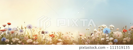 Beautiful celebration spring flowers on pastel background. Concept Birthday, Mothers Day, Womens Day, March 8. Spring easter flower background. Spring, easter greeting card design layout. Copy space. 111519135