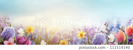 Beautiful celebration spring flowers on pastel background. Concept Birthday, Mothers Day, Womens Day, March 8. Spring easter flower background. Spring, easter greeting card design layout. Copy space. 111519140