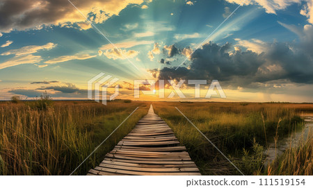 Marshland Tranquility: Sunset Over Wooden Boardwalk. Generative AI 111519154