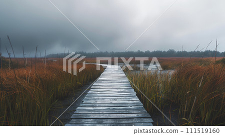 Marshland Serenity: Ancient Boardwalk. Generative AI 111519160