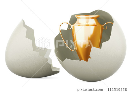 Birth of a Champion, concept. Gold trophy cup award inside broken chicken egg, 3D rendering 111519358