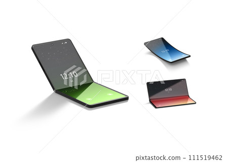 Turned on flexible clamshell phone display mockup, different views Turned on flexible clamshell phone display mockup, different views 111519462