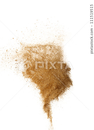 Sand Storm desert with wind blow spin swirl around. Golden Yellow sand tornado storm with high wind. Fine Sand circle around, White background Isolated throwing particle element object 111519515