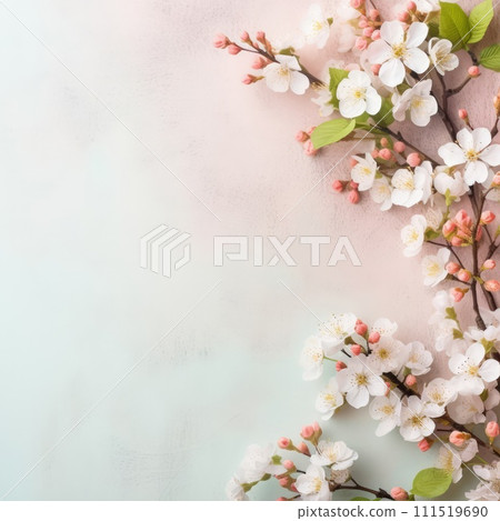 Beautiful celebration spring flowers on pastel background. Concept Birthday, Mothers Day, Womens Day, March 8. Spring easter flower background. Spring, easter greeting card design layout. Copy space. 111519690