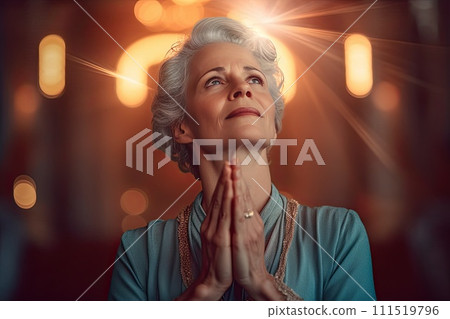 AI-generated content. elegant beautiful woman 50 years old praying to god in church 111519796