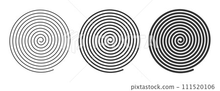 Spiral icons with lines of different thicknesses. Optical illusion effect. Hypnotic psychedelic design. Whirlpool, vertigo, tornado, pinwheel symbols. Archimedean spiral. Vector graphic illustration Spiral icons with lines of different thicknesses. Optical illusion effect. Hypnotic psychedelic design. Whirlpool, vertigo, tornado, pinwheel symbols. Archimedean spiral. Vector graphic illustration 111520106