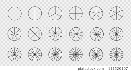 Simple donut or pie chart templates. Circles divides into equal parts from 1 to 18. Round shapes cut in slices. Set of graphic wheel diagrams with sectors. Vector outline illustration Simple donut or pie chart templates. Circles divides into equal parts from 1 to 18. Round shapes cut in slices. Set of graphic wheel diagrams with sectors. Vector outline illustration 111520107