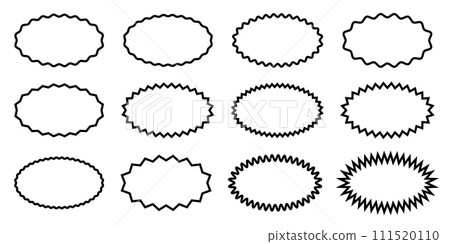 Set or oval frames with wavy and zigzag borders. Empty sale, price, discount, special offer, coupon, promo code tags. Speech bubbles, messages, text boxes in cartoon style Set or oval frames with wavy and zigzag borders. Empty sale, price, discount, special offer, coupon, promo code tags. Speech bubbles, messages, text boxes in cartoon style 111520110