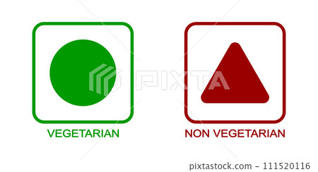 Vegetarian and non vegetarian labels. Vegan food stickers. Green circle and red triangle shapes in squares isolated on white background. Vector flat illustration 111520116