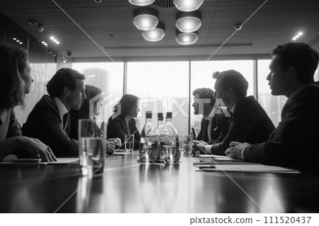 Business meeting analytics concept, Monochrome image of professionals engaged in a serious business meeting, with focus on interaction and corporate strategy discussion. Business meeting analytics concept, Monochrome image of professionals engaged in a serious business meeting, with focus on interaction and corporate strategy discussion. 111520437