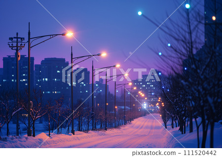 A serene snowy street bathed in the twilight glow with warm street lights leading towards a distant urban skyline. A serene snowy street bathed in the twilight glow with warm street lights leading towards a distant urban skyline. 111520442