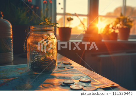Saving money concept, A glass jar filled with coins and banknotes for travel savings sits atop a world map, bathed in the golden light of a setting sun. 111520445