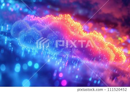Cloud computing concept, A vivid conceptual artwork of cloud computing, with a glowing digital cloud over a networked grid representing data transfer and internet connectivity. 111520452