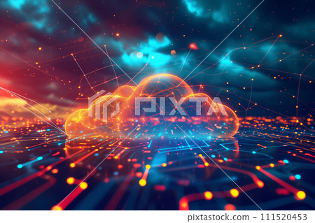 Cloud computing concept, A vivid conceptual artwork of cloud computing, with a glowing digital cloud over a networked grid representing data transfer and internet connectivity. 111520453