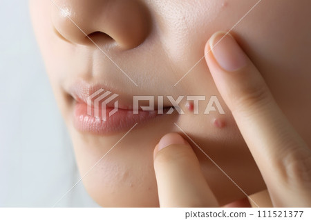 Close-up photo of an Asian woman concerned about acne Close-up photo of an Asian woman concerned about acne 111521377