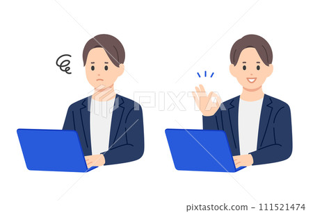 一群商務人士看著電腦，擔心著，擺著 OK 的姿勢【人物矢量圖素材】 111521474