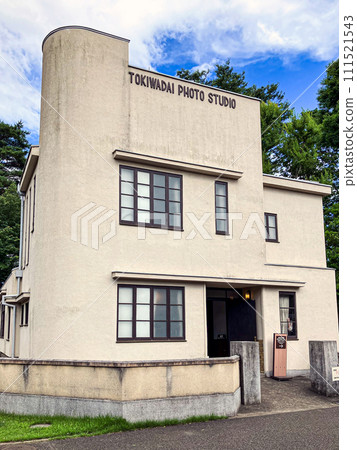 Tokiwadai Photo Studio, diagonal front view, Edo-Tokyo Open Air Architectural Museum, early summer, vertical. Tokiwadai Photo Studio, diagonal front view, Edo-Tokyo Open Air Architectural Museum, early summer, vertical. 111521543