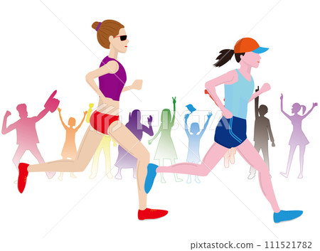 Female runners cheered by people Female runners cheered by people 111521782