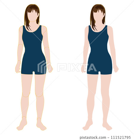 A faceless full-body illustration of a woman looking forward in a normal style. A set with and without contour lines. 09 swim suit. 111521795