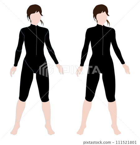 一個不露面的全身插圖，描繪了一個以正常風格期待未來的女人。有和沒有輪廓線的一組。 03 潛水衣。 111521801