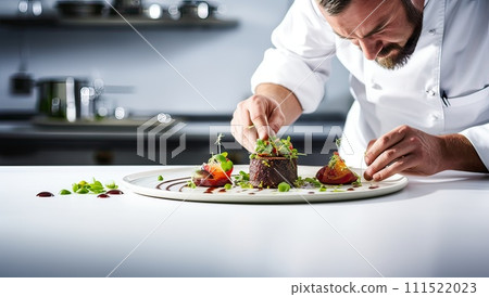 Chef in white uniform decorating dish with vegetables in modern kitchen 111522023