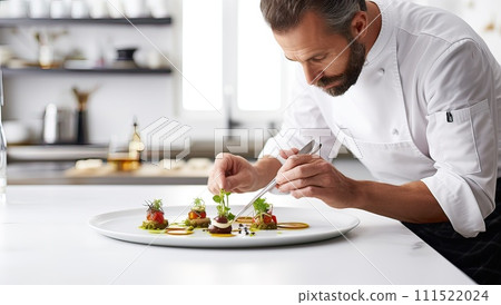 Restaurant menu. Cheerful male chef preparing delicious dish while standing in the kitchen 111522024