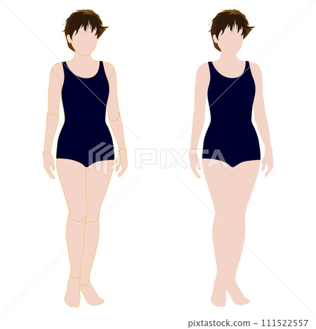 一個不露面的全身插圖,描繪了一個以正常風格期待未來的女人。有和沒有輪廓線的一組。 11 泳衣。 一個不露面的全身插圖,描繪了一個以正常風格期待未來的女人。有和沒有輪廓線的一組。 11 泳衣。 111522557