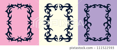 Y2K Tattoo Borders. Neo Tribal Frames Set. Vector Gothic Acid Rectangle Shapes in Cyberpunk 2000s Style 111522593