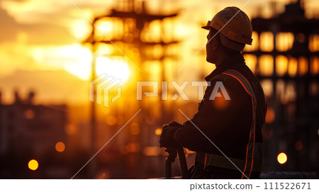 Construction Worker Overlooking Site at Sunset 111522671
